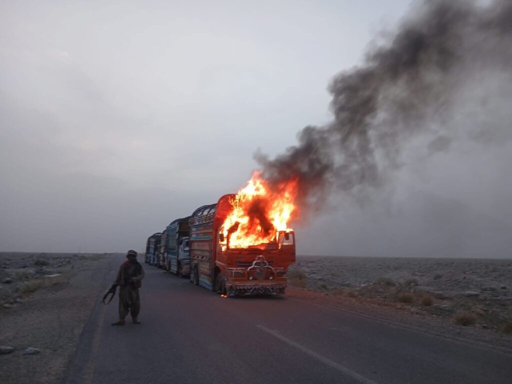 Truck Set on Fire During Checkpoint by Baloch Fighters on CPEC Road in Kharan