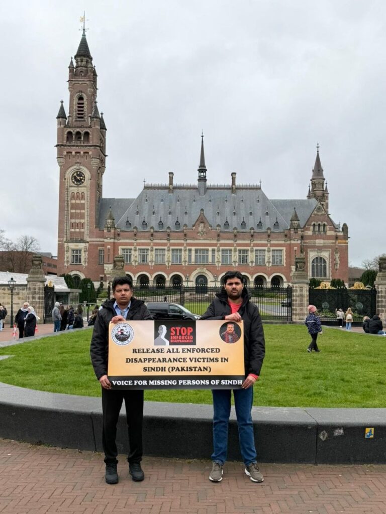 Protest by Voice for Missing Persons of Sindh Europe at the International Court of Justice