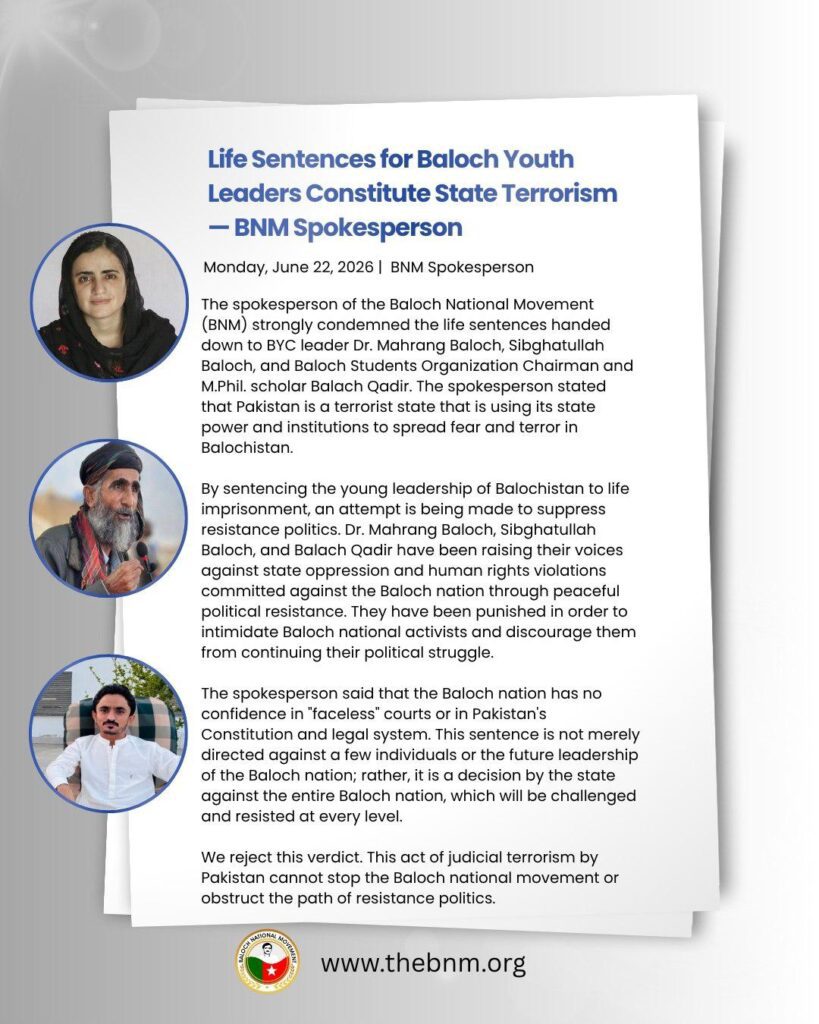 Life Sentences for Baloch Youth Leaders Constitute State Terrorism, Says BNM Spokesperson